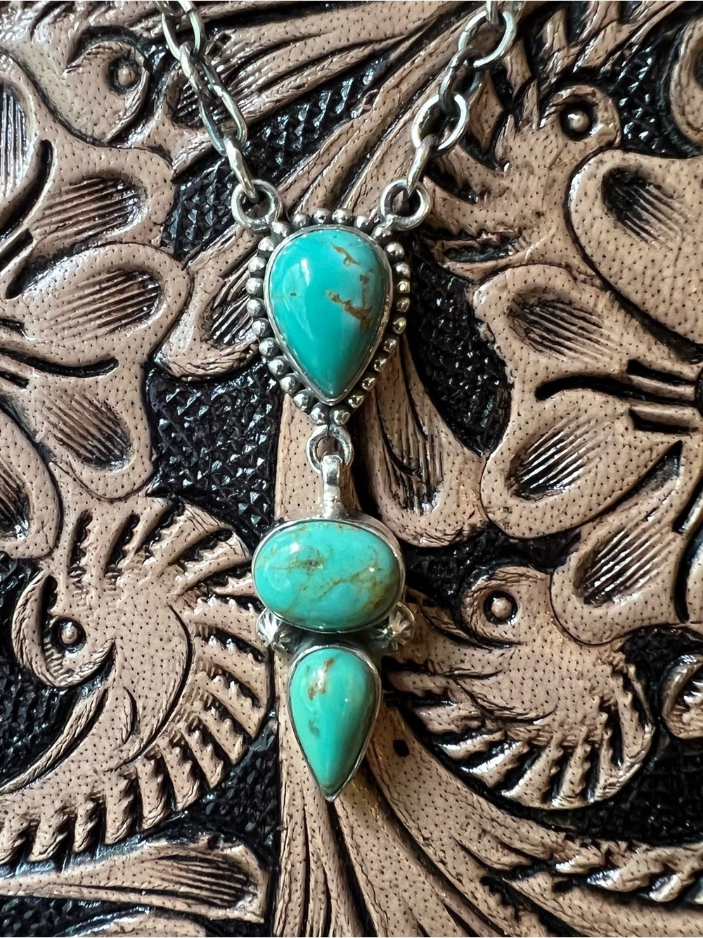 Kingman Turquoise Drop Necklace Sterling Silver 3 Stone Pendant | Southwestern - Picture 9 of 14
